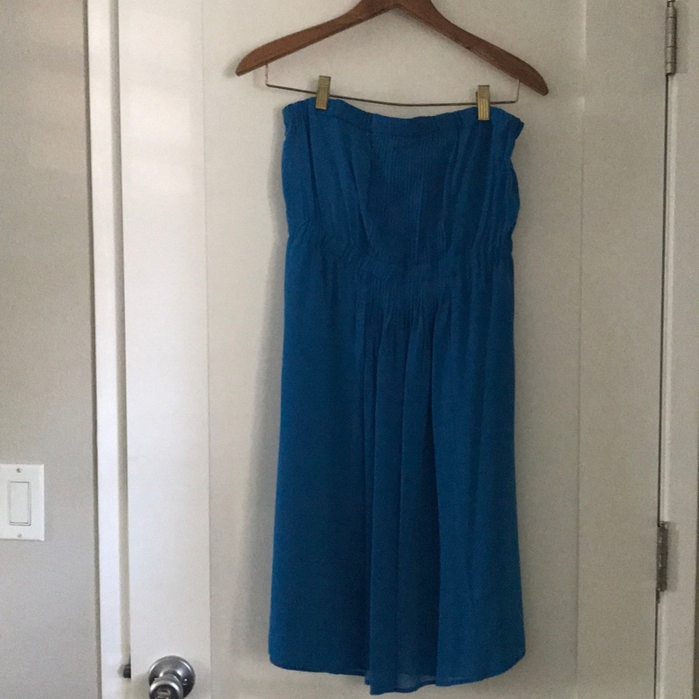 Cerulean blue silk strapless dress from Madewell.